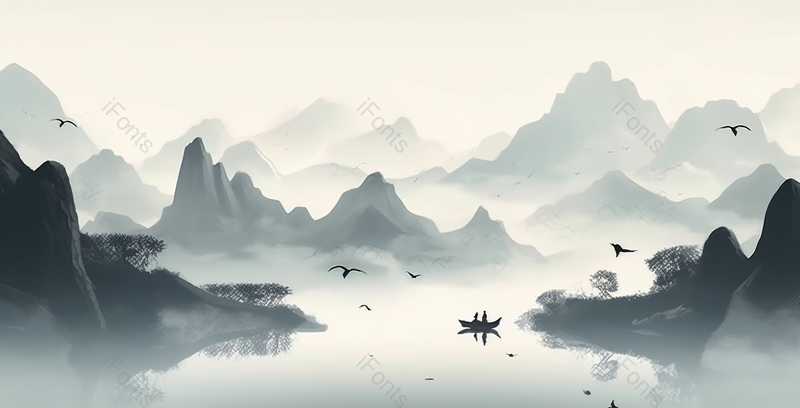 船只倒影新中式蓝色水墨意境山水画,插画/手绘图,插画/手绘图库,插画/手绘图下载,插画/手绘